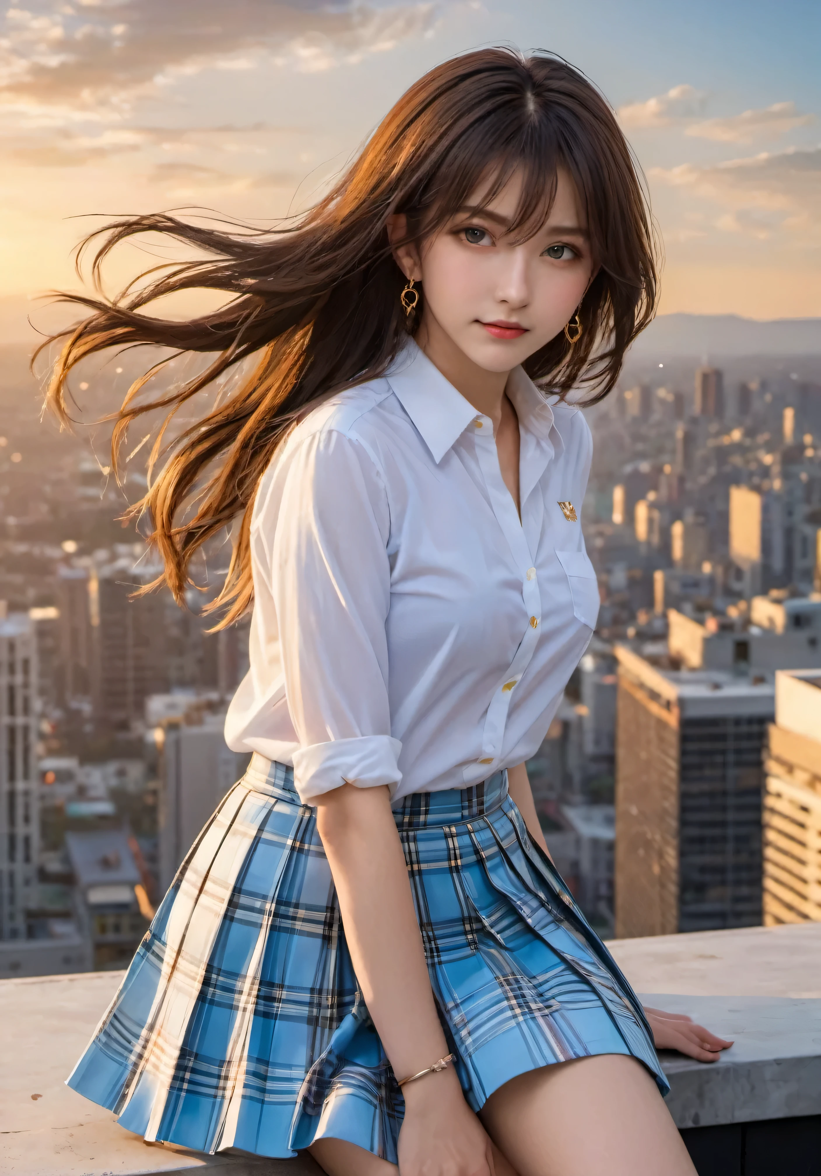 photograph, confused, High resolution, Super detailed, maid girl,:d,((Hair with loose waves on the inside:1.2)),((((gold necklace_Larger earrings:1.2)),((Super long brown hair:1.2))、(((White collar shirt、light blue plaid pleated skirt:1.4)、、high 、((Stand on a windswept rooftop at sunset、overlooking the cityscape:1.3)),( (shy smile:1.3)),(boast(chest thrust pose、chest pose:1.4)),((Look Down at the viewer,from below:1.5))、(Look back at me:1.2)、