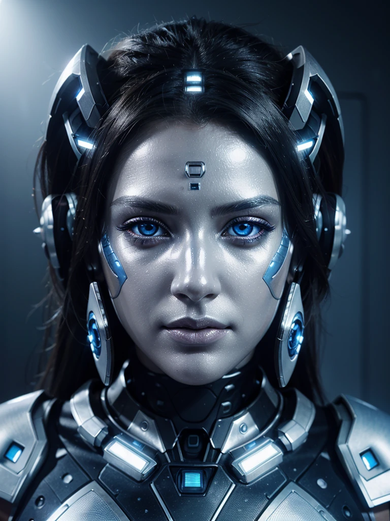 (best quality,realistic), beautiful detailed eyes, beautiful detailed lips, robotic appearance, cyborg appearance, metallic skin, glowing eyes, sleek and smooth hair, futuristic fashion style, silver and blue color palette, high-tech background, dynamic pose, futuristic lighting, sci-fi concept art