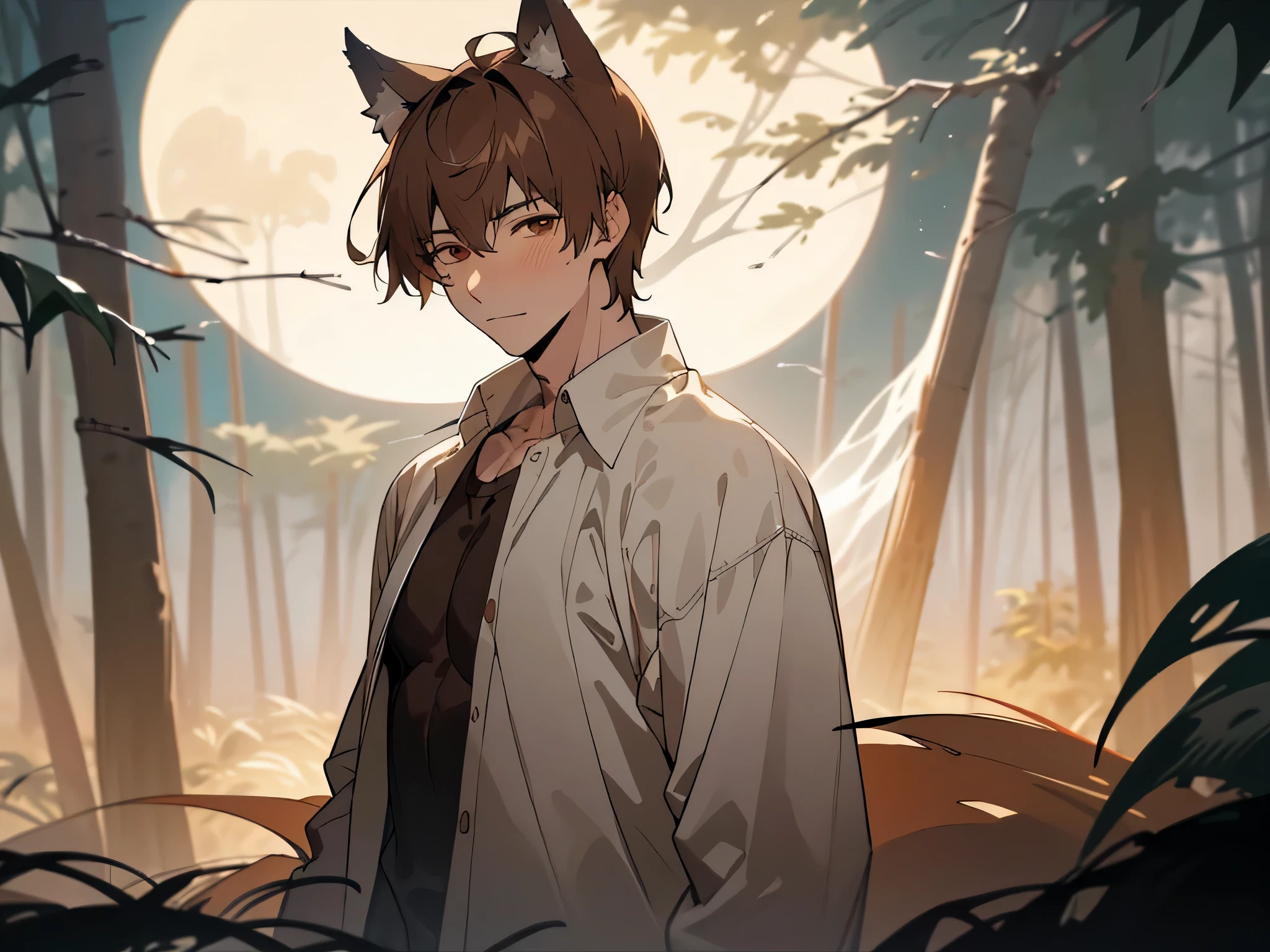 master piece,((((alone)))),25 year old male, Large size,wolf ears,warm skin, , sharp eyes,Dead Eyes Male Focus, looking at the viewer, White shirt ,naked,brown hair, short hair,((macho)), face focus,adult, shirt, highest quality, facial details.,background(night),,in the forest,full moon,dynamic angle