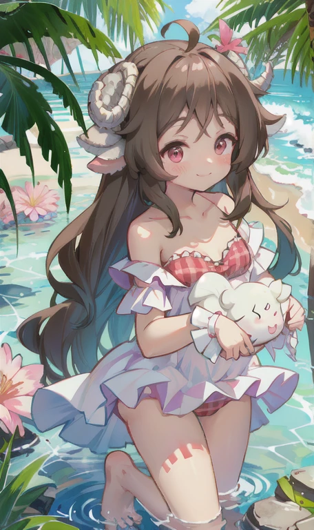 pretty girl,, tattoo, bikini, barefoot, Horn，dress，bikini，light brown hair, Ahoge, bangs, curly hair, long hair, horn, frog hair ornament, multicolored eyes, eye reflection, pink eyes, sheep ears, smile, blush, anime, cast a shadow, reflected light, UHD, rough skin, advanced details, 8K, flower, water,