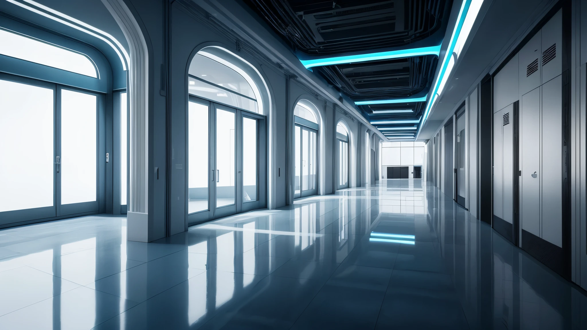 Laboratory corridor, long straight corridor, minimalism, In a футуристический Лаборатория, Scientists are diligently researching an unknown virus. The stage is illuminated with bright light., white led lights, The color palette is predominantly cool, with a predominance of shades of blue and silver, reflecting the Лаборатория's футуристический aesthetic. The purpose of a work of art is to convey the essence of technological progress., Research, and the importance of security measures in the face of an unknown threat. (Best quality, 4K, A high resolution, Ultra detailed), (realistic:1.37), HDR, professional, Microscopes, A high resolutionolution screens, gene sequencers, robotic weapons, футуристический computer interfaces, urgency, Excitation, color palette of blue and silver.
