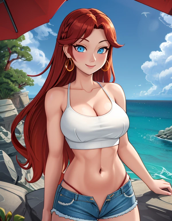 masterpiece,,((ultra detailed background, delicate pattern, intricate detail)), (highly detailed, fine details, rich colors), best quality, beautiful lighting, 1girl, young woman at 22, red hair, solo, long hair, blue eyes, smile,((medium breasts, perfect model physique)), ((V-neck crop top ,denim shorts)), (Deep Cleavage), (complex detailed background, barren land, rocks, ocean, outside, nature environment), (cowboy shot),