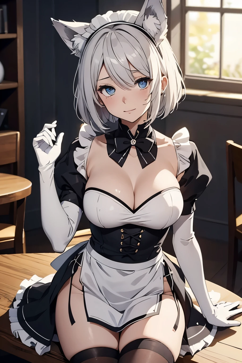 table top best image quality Brilliant high detail One Young Woman((adult))anime style Maid clothes(Tube top) white long gloves((blanche)(elbow gloves)) 白いstockings((blanche)(stockings)) wedding style wolf ears short hair((shortcut)(gray hair)(curly hair)(fluffy)) crying face(happy) eye color is blue