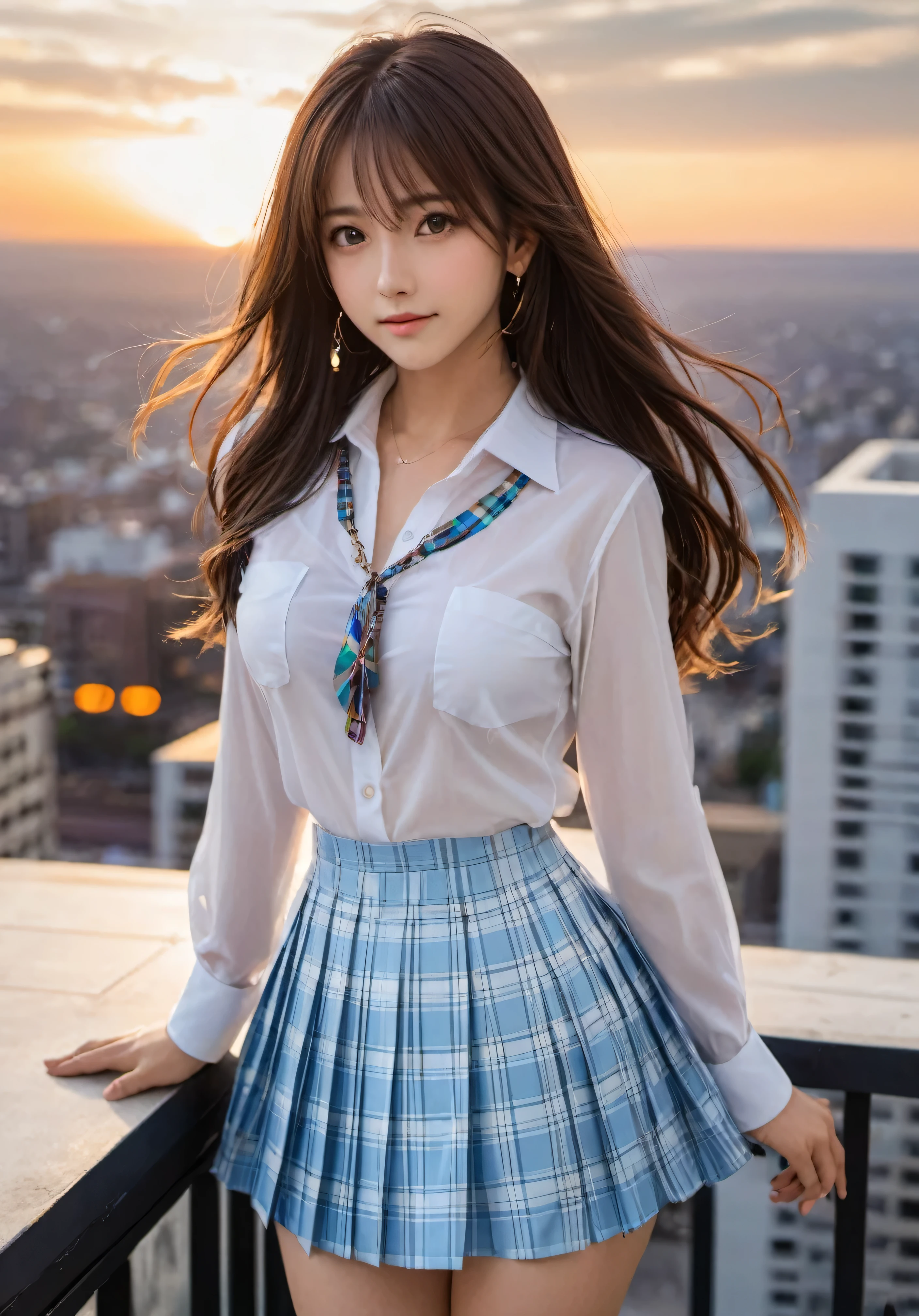 photograph, confused, High resolution, Super detailed, maid girl,:d,((Hair with loose waves on the inside:1.2)),(((gold necklace_Larger earrings:1.2)),((Super long brown hair:1.2))、((White collar shirt、light blue plaid pleated skirt:1.4)、、high 、((standing on a windswept rooftop during sunset, overlooking a cityscape:1.3)),( ( shy smile:1.3)),((chest thrust pose、Pose showing off your chest:1.4)),((Look Down at the viewer,from below:1.5))、raise your arms((Lift up the skirt and hem、Exposing transparent white panties:1.6)、((turning your back on me:1.3) 、(turn your butt towards me:1.2)、(look back at me:1.2)、