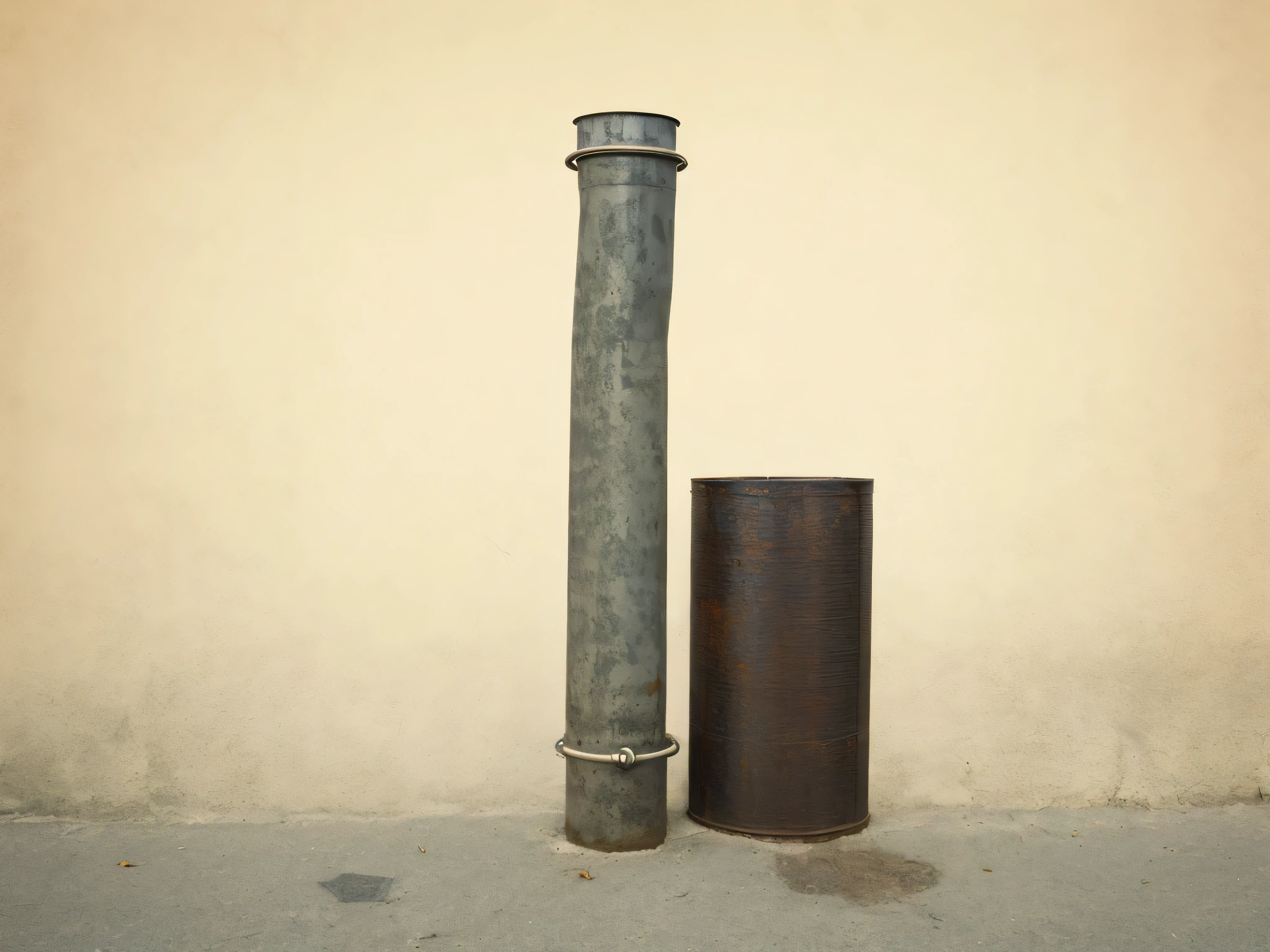 There is a metal pipe and a metal cylinder on the ground, morandi, drain pipe, simple original tube shape, by Anita Kunz, Alexandra Formina, a photograph of a Rusty, author:Stefan Girovsky,Rusty, Andi Rusu, Thomas Dubois, industrial photography,surreal style,