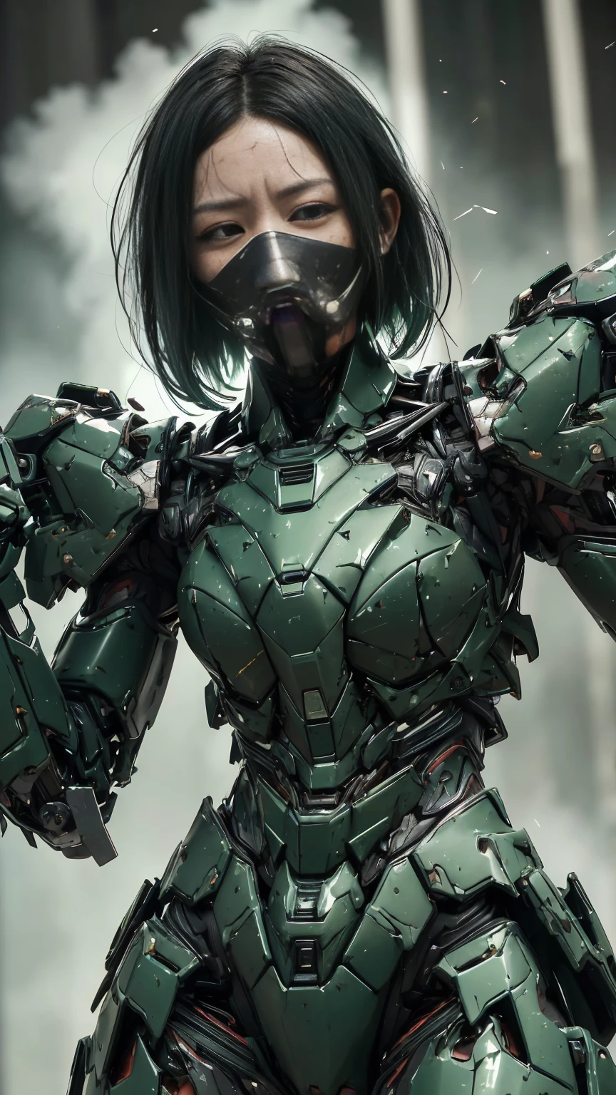 rough skin, Super detailed, advanced details, high quality, 最high quality, High resolution, 1080p 、Bleeding from the wound、sexy eyes、wearing green and black、cute((My whole body is sweaty))(Wearing damaged combat gear....)(Dark green armor)(broken armor)black hair、(shattered armor)Chiquita、short hair、open your mouth、Eyes closed and pained expression、It hurts again、healthy complexion、20th generation women　　(Steam coming out of the face) ((Steam comes out from all over the body)) 　Unable to fight　futuristic gas mask　Don&#39;Don&#39;don&#39;t expose your skin　One female　full body portrait　Transformers Armor