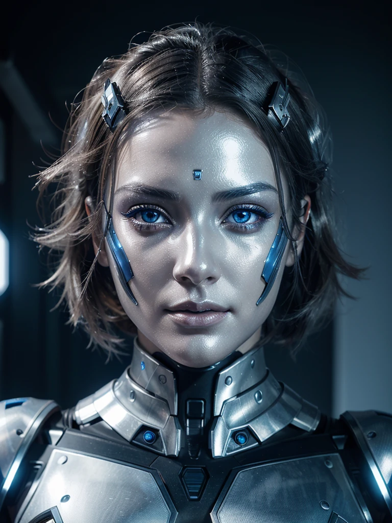 (best quality,realistic),beautiful detailed eyes,beautiful detailed lips,robotic appearance,cyborg appearance,metallic skin,glowing eyes,sleek and smooth hair,futuristic fashion style,silver and blue color palette,high-tech background,dynamic pose,futuristic lighting,sci-fi concept art,sensual pose.