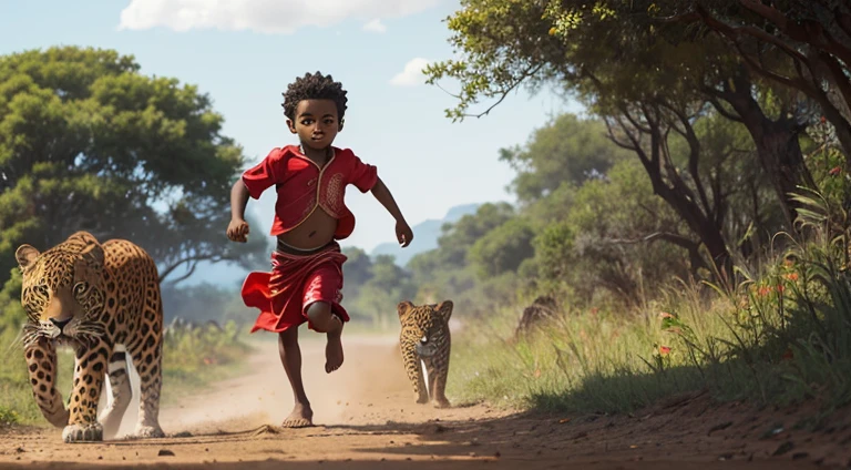 A boy in Indian clothes, roupas cor vermelha, cor de Pele preta, menino negro, indigenous boy, running from wild jaguar attack, ele esta correndo na mata, roupa africano vermelha, menino africano