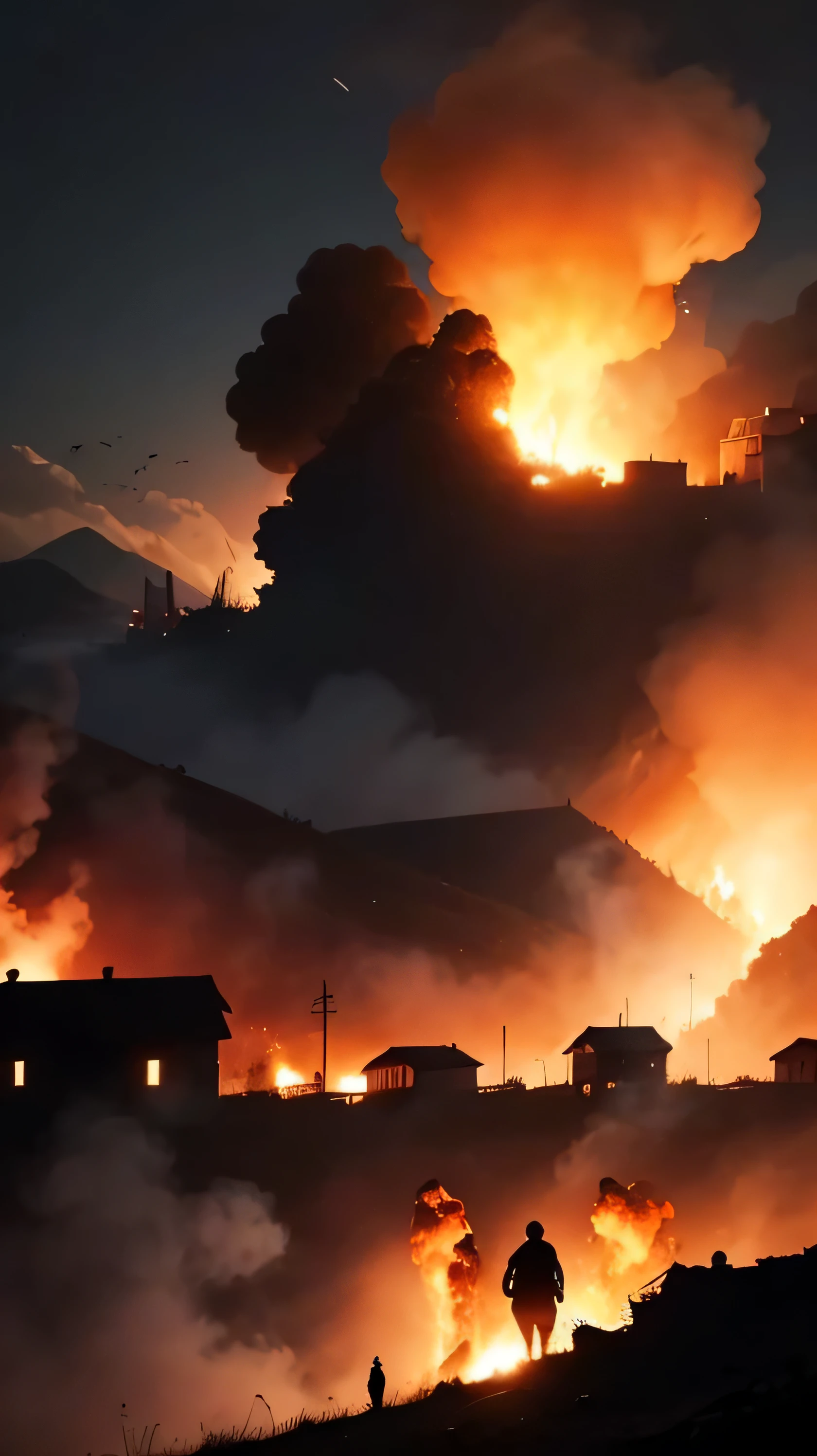 Bosnia war 1992, explosion, fire, village destroyer, night, people siluet, 8k