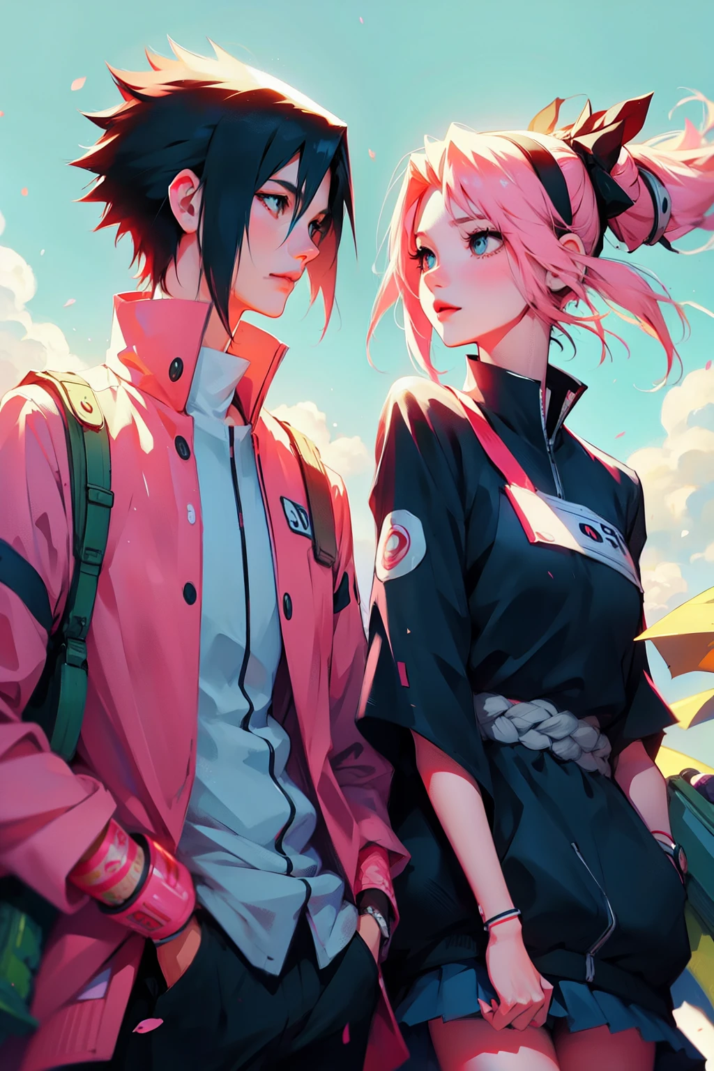 sasusaku. Sasuke Uchiha, a tall, black-haired man wearing a Quarterback football uniform, is a student, with his hands in his pockets. Sakura, a thin woman with pink hair, cheerleader. best quality, adorable, ultra-detailed, illustration, complex, detailed, extremely detailed, detailed face, soft light, soft focus, perfect face. In love, illustration. two people, couple,