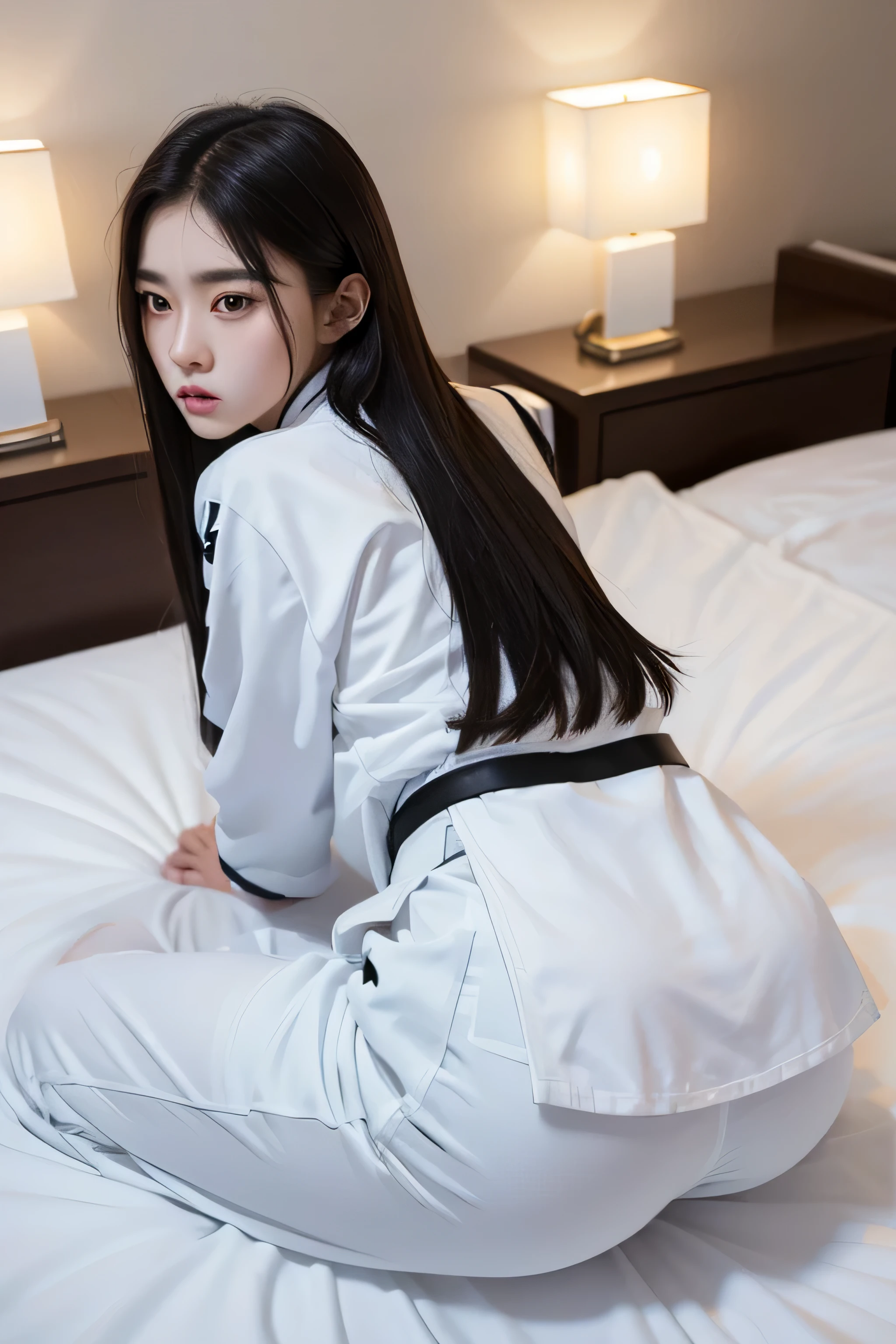 masterpiece, ultra details, best quality, 1 korean taekwondo girl, masterpiece, ultra details, best quality, black long straight hair, wearing white World Taekwondo Federation dobok with black collar v-neck, wearing taekwondo blackbelt, wearing white martial arts pants without pockets, big sweaty butt, sweat on face, laying on hotel bed showing butt, embarrassed face