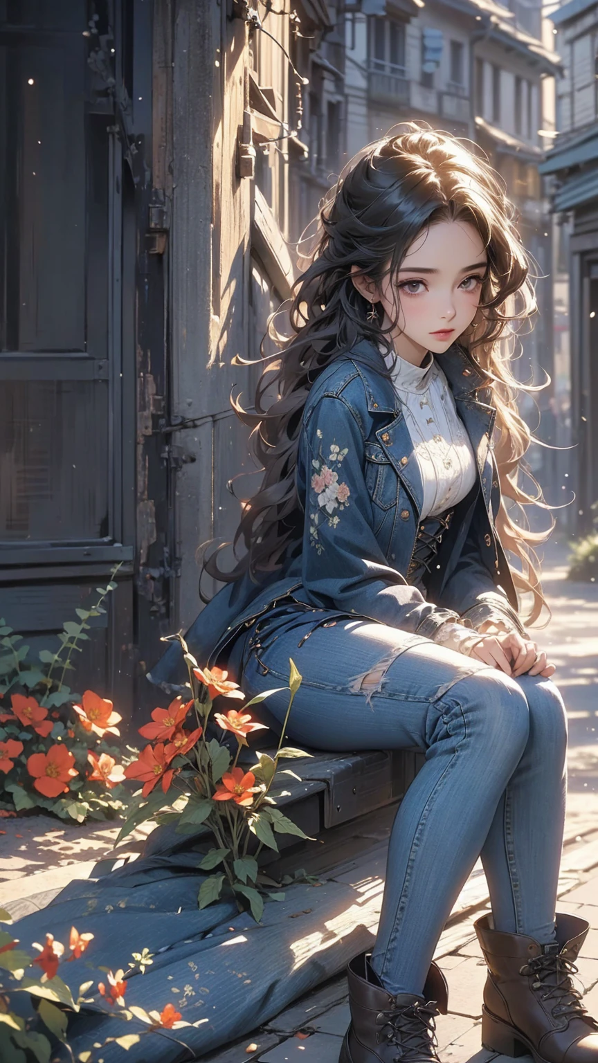 (Highly detailed CG unit 8k wallpaper, masterpiece, High resolution, highest quality, highest qualityのリアルテクスチャスキン), Woman sitting on a flower bed by the road:1.4, Short fade cut messy curly hair, detailed costume, A maxi-length lace-up layered tight skirt and a long-sleeved denim wide jacket:1.3, blurred background, An empty alley in Paris:1.3, cobblestone road, hyper realistic, digital painting, concept art,