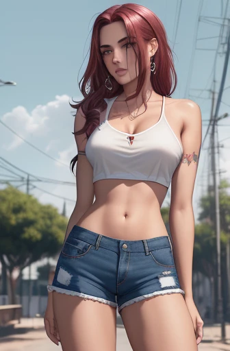 a woman in a white top and rosa shorts is standing next to a bike with a amarelo fundo and, por Quentin Tarantino, 1 garota, pulseira, marrom_cabelo, joia, caixa de correio, lips, longo_cabelo, inventar, average_seios, barriga, unha_Polish, umbigo, colar, nariz, Laranja_Sky, rosa_shorts, realista, shorts, Sozinho, sol, solset, tatuagem,pulseira, amarelo_fundo, amarelo_Sky, beautiful detalhado glow, detalhado, cinematic light, detalhe intrincado, high resolution, detalhado facial features, Alto detalhe, sharp focus, suave, aesthetics, extremely detalhado, carimbo, octane rendering,