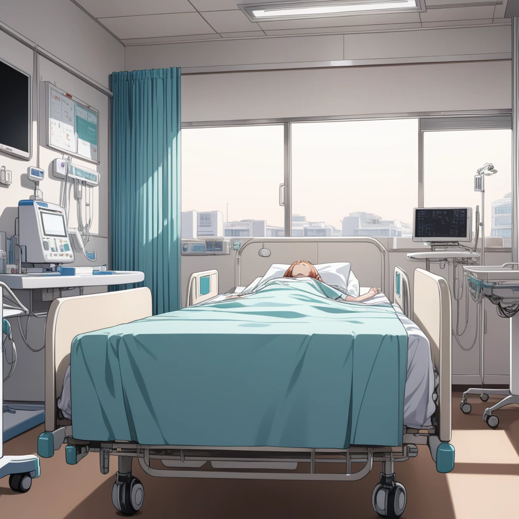 (masterpiece, best quality:1.2), 8k, very detailed, anime style, at a hospital, a hospital bed