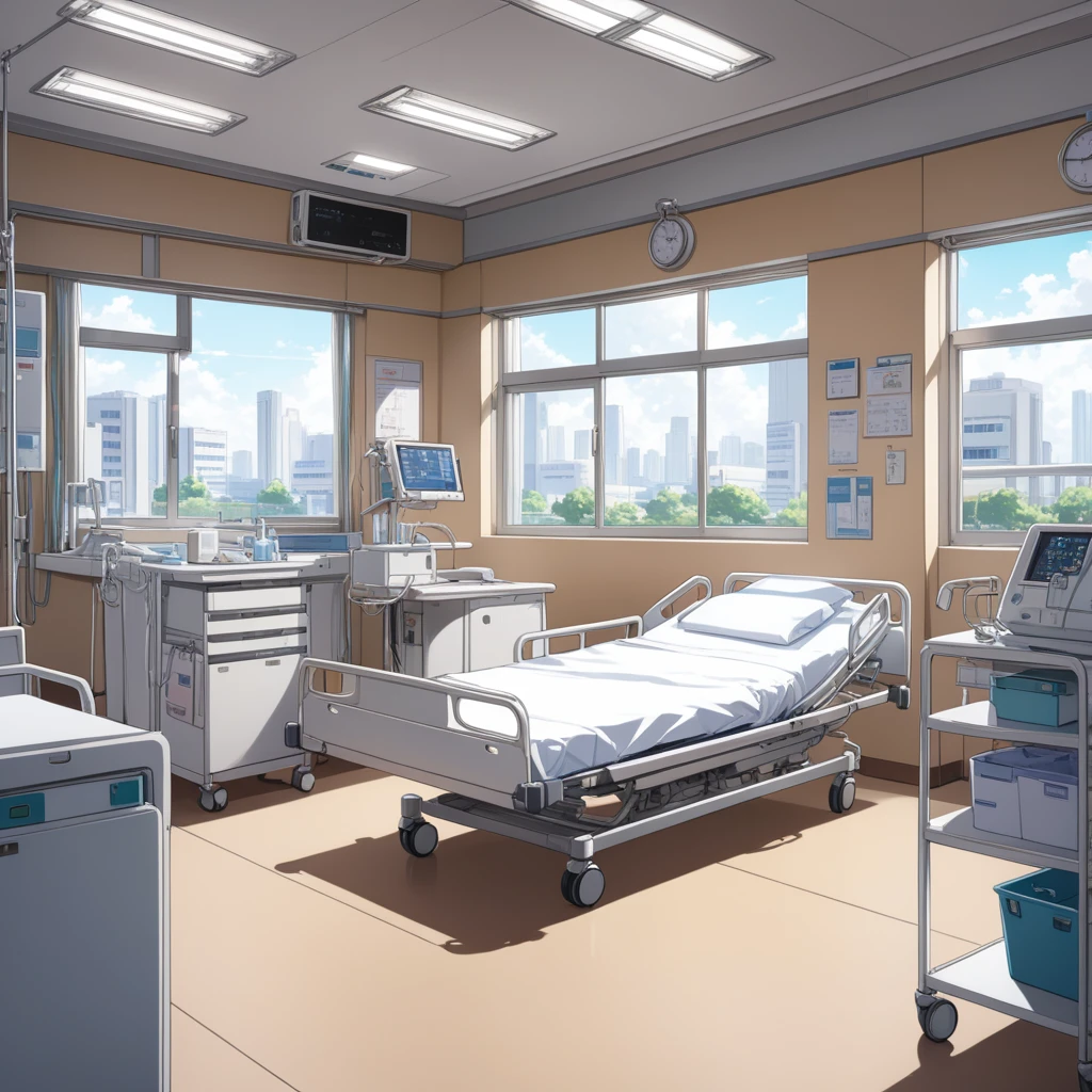 (masterpiece, best quality:1.2), 8k, very detailed, anime style, at a hospital, a hospital bed