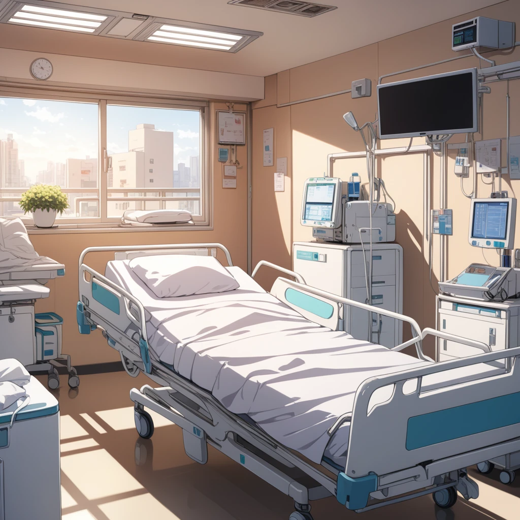 (masterpiece, best quality:1.2), 8k, very detailed, anime style, at a hospital, a hospital bed