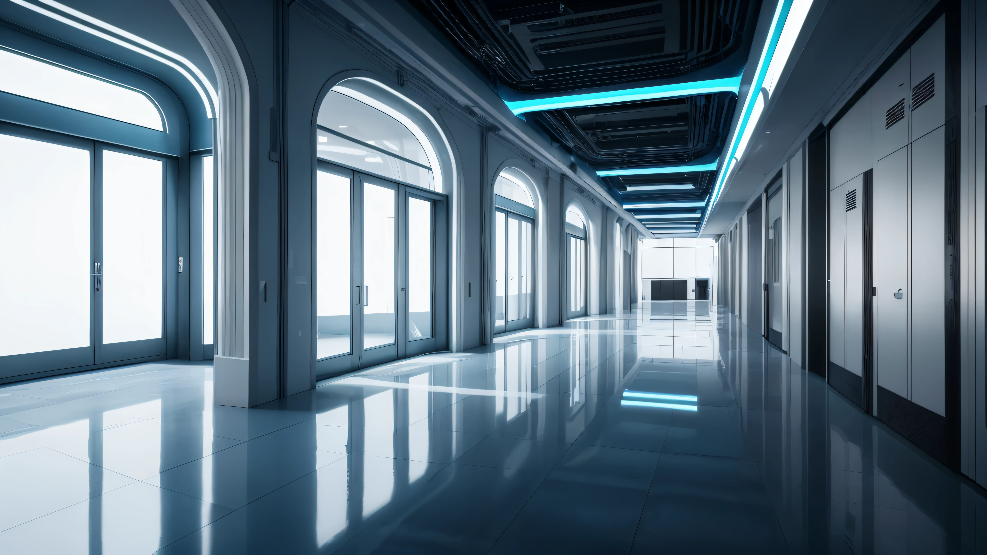 Laboratory corridor, long straight corridor, minimalism, In a футуристический Лаборатория, Scientists are diligently researching an unknown virus. The stage is illuminated with bright light., white led lights, The color palette is predominantly cool, with a predominance of shades of blue and silver, reflecting the Лаборатория's футуристический aesthetic. The purpose of a work of art is to convey the essence of technological progress., Research, and the importance of security measures in the face of an unknown threat. (Best quality, 4K, A high resolution, Ultra detailed), (realistic:1.37), HDR, professional, Microscopes, A high resolutionolution screens, gene sequencers, robotic weapons, футуристический computer interfaces, urgency, Excitation, color palette of blue and silver.