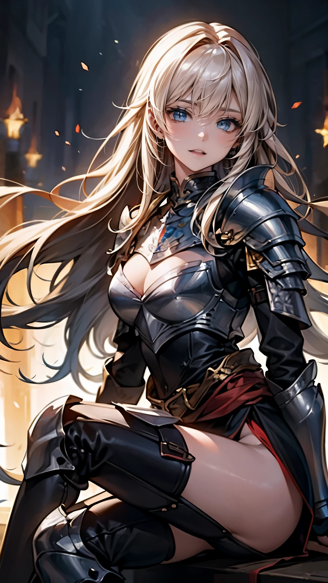 highest quality、masterpiece、8K、realistic、ultra high resolution、very delicate and beautiful、HDR、cinematic lighting、medium range shooting、portrait、perfect female body、Beautiful woman、mature woman、Opposition、put your hand on your head、look at the audience、grassland、異世界から来たファンタジー女knight、(Armor with emphasis on the chest)、sword、shield、knightの紋章、long hair、Helmet、Armor Plate、leather armor、combat boots、Waist-mounted weapons、A beautiful and powerful face、Eyes full of determination、knight道精神、horse、roar、knight&#39;pledge、Potential magical powers、Scars from past battles