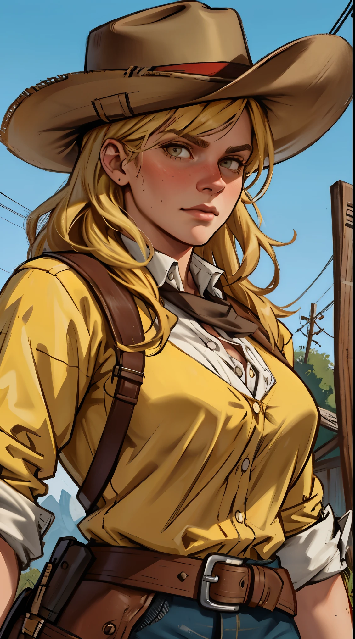 1 girl, upper body shot, Sadie Adler from RDR 2, long blonde hair, detailed face, breast, best quality, high resolution:1.2, wild west town in the background,  cowboy hat, holstered revolver, perfect eyes, yellow shirt