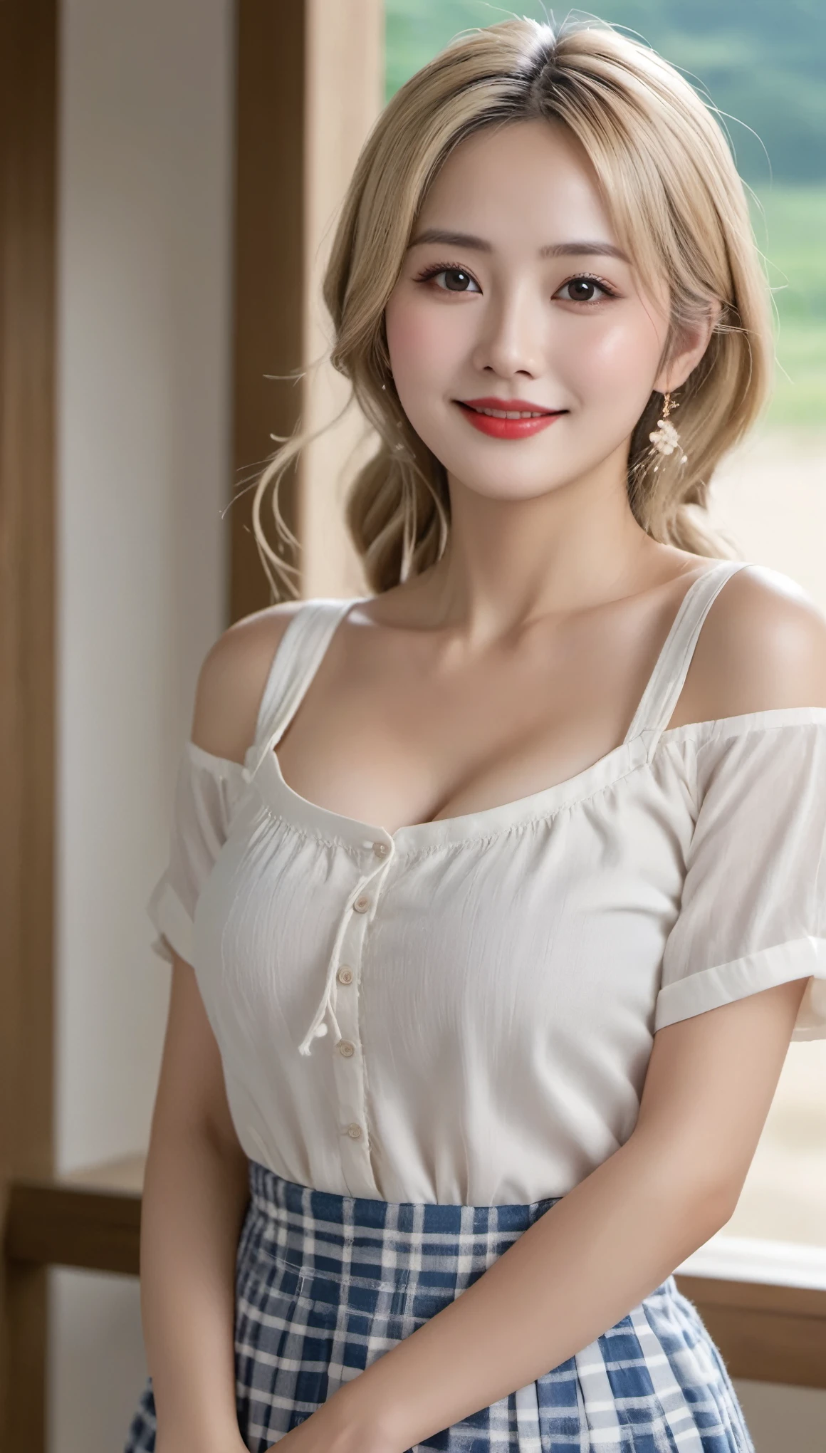 ( masterpiece, Highest quality), 8k,A beautiful Japanese woman,,Age 27, Small face,(Beautiful and cute face:1.2),smile, Large breasts, ,Beautiful and detailed, Evenly spaced 1.2, Blonde Long Hair,（Random Hairstyles）,、Highest quality、High resolution、、Gal、金髪の日本人Gal、美人な白Gal、Realistic、Bright lighting、mini skirt、白のタイトなmini skirt、白いmini skirt、White shirt、Only one big white shirt showing both shoulders、Bold chest、Open white shirt、Wide open buttoned chest、whole body、Waistline、A beautiful Japanese woman with a great figure、On the bedで脚を開く、Open your legs in bed、On the bed、Poses that accentuate the legs、Japanese beauty spreading her legs、Beige pantyhose、Japanese women、Adult、Beautiful legs、Beautiful legs、Beautiful legs、sex appeal、Professional Lighting、Face Light、Smooth lighting、Beautiful woman、action、gravure、sexy、Voluptuous valley、so beautiful、Beautiful Skin、Beautiful and detailed、Detailed face、slim、moderately、Blonde Long Hair、Brown eyes、