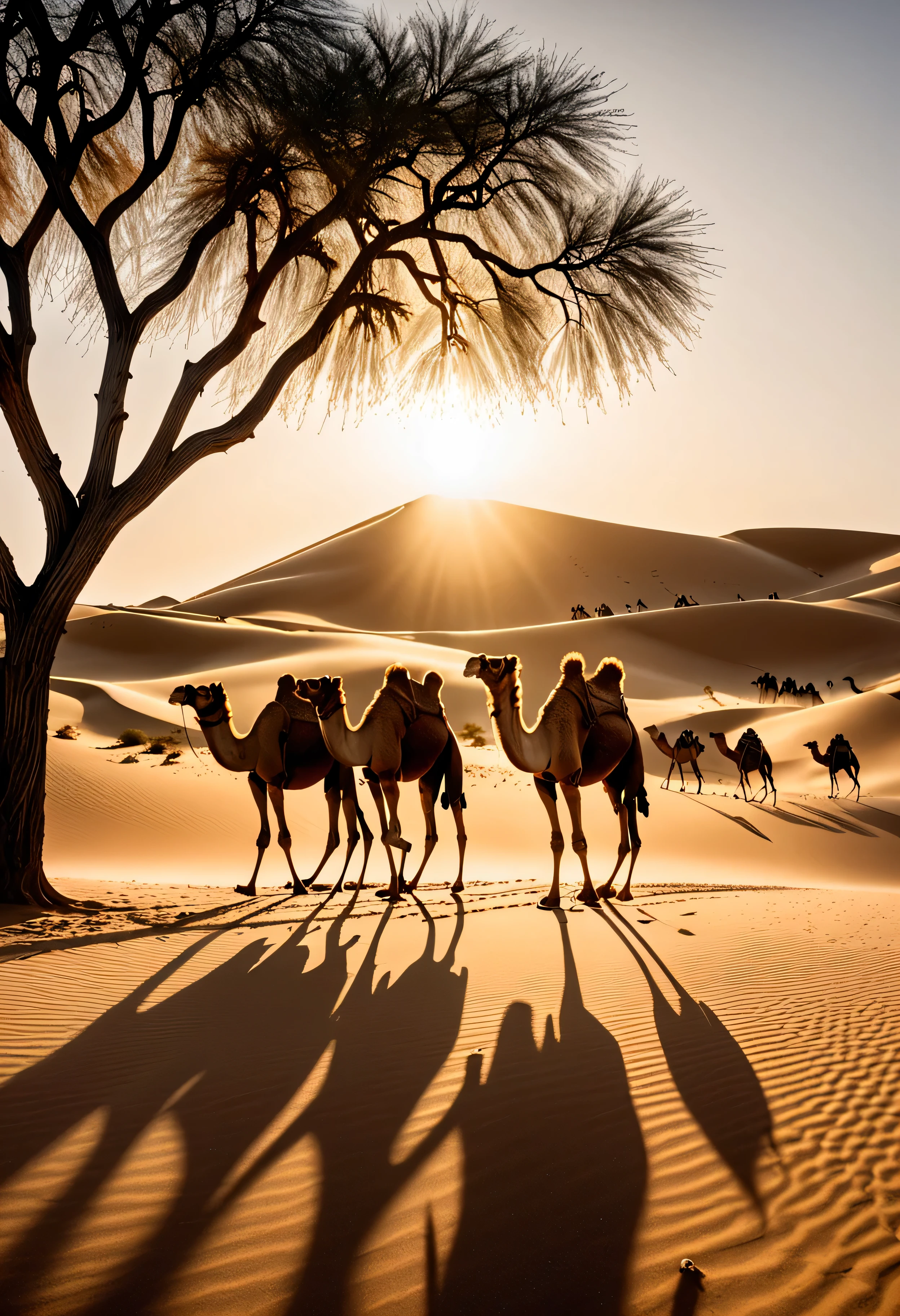 landscape photography，desert，Golden Hour，Wide-angle lens，low angle，Backlight，With starburst，A team of camels walking，Camel Shadow，Golden desert，poplar tree，Hasselblad X1D，Peter。Lindbergh，(masterpiece，top quality， best quality，official art，Aesthetics:1.2)