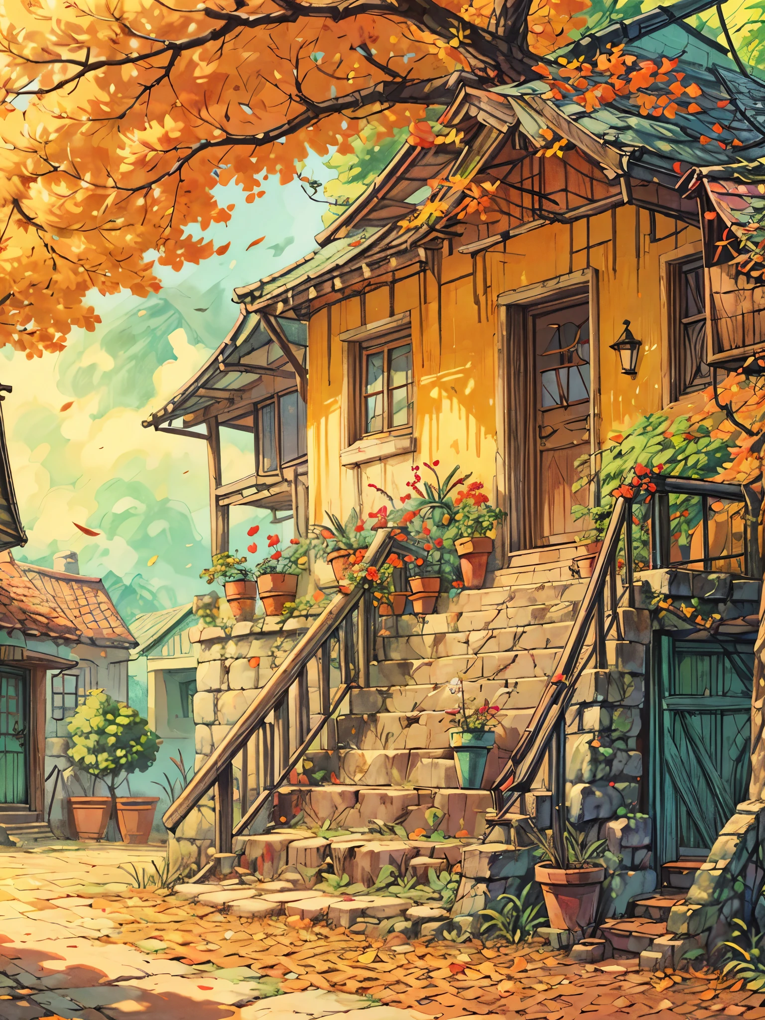 Indian old yellow hut with plant pots on stairs, big orange tree, shade, shadow, day light, indian village, leaves fallen, beautiful color palette, vibrant tones, high contrast, intrinsic details, ghibli style