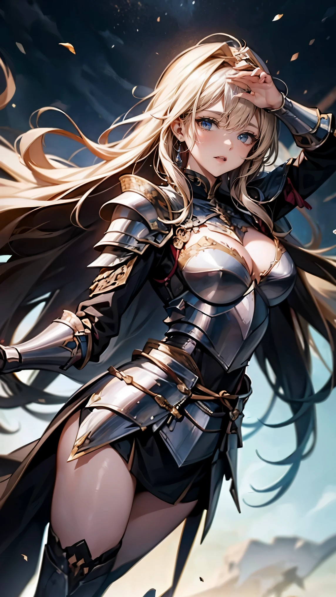 highest quality、masterpiece、8K、realistic、ultra high resolution、very delicate and beautiful、HDR、cinematic lighting、medium range shooting、portrait、perfect female body、Beautiful woman、mature woman、Opposition、put your hand on your head、look at the audience、grassland、異世界から来たファンタジー女knight、(Armor with emphasis on the chest、big breasts)、sword、shield、knightの紋章、long hair、Helmet、Armor Plate、leather armor、combat boots、Waist-mounted weapons、A beautiful and powerful face、Eyes full of determination、knight道精神、horse、roar、knight'pledge、Potential magical powers、Scars from past battles