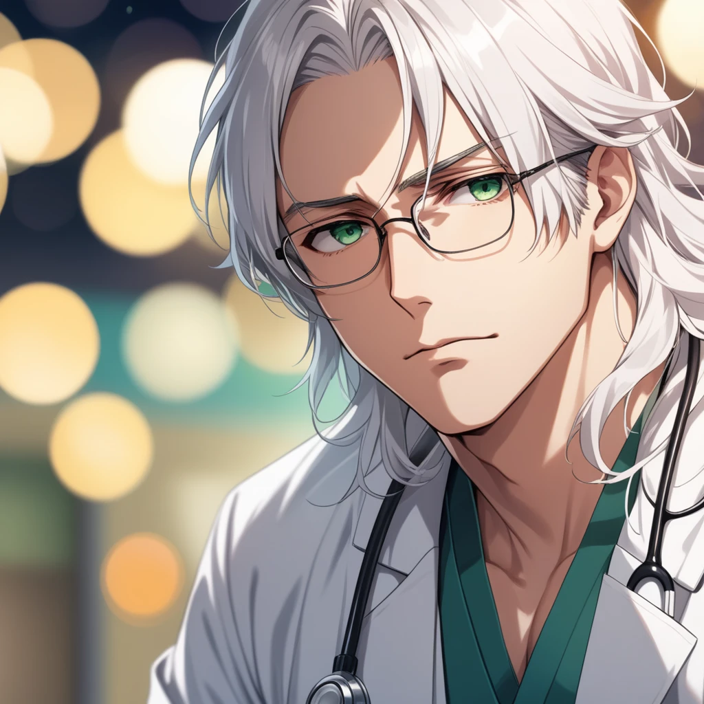 (masterpiece, best quality:1.2), (1boy), solo, 8k, white hair, ((long hair)), glasses, handsome male, very detailed, doctor, anime style, at a hospital, white coat, blushing, beautiful green eyes, dynamic perspective, sharp focus, extremely detailed eyes and face, (depth of field, bokeh:1.3), bangs, from underneath, no focus, serious expression, worried