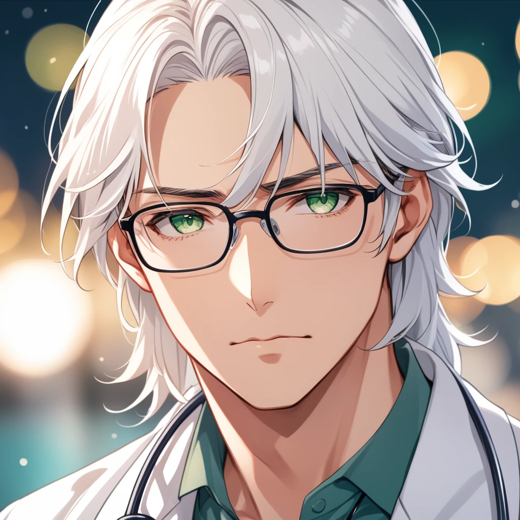 (masterpiece, best quality:1.2), (1boy), solo, 8k, white hair, ((long hair)), glasses, handsome male, very detailed, doctor, anime style, at a hospital, white coat, blushing, beautiful green eyes, dynamic perspective, sharp focus, extremely detailed eyes and face, (depth of field, bokeh:1.3), bangs, from underneath, no focus, serious expression, worried
