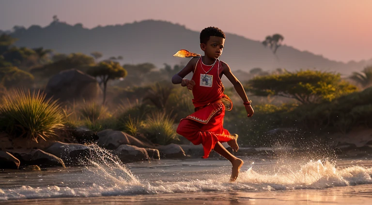 A boy in Indian clothes, roupas cor vermelha, cor de Pele preta, menino negro, indigenous boy, correndo de ataque de crocodilo, ele esta correndo na rio, roupa africano vermelha, menino africano