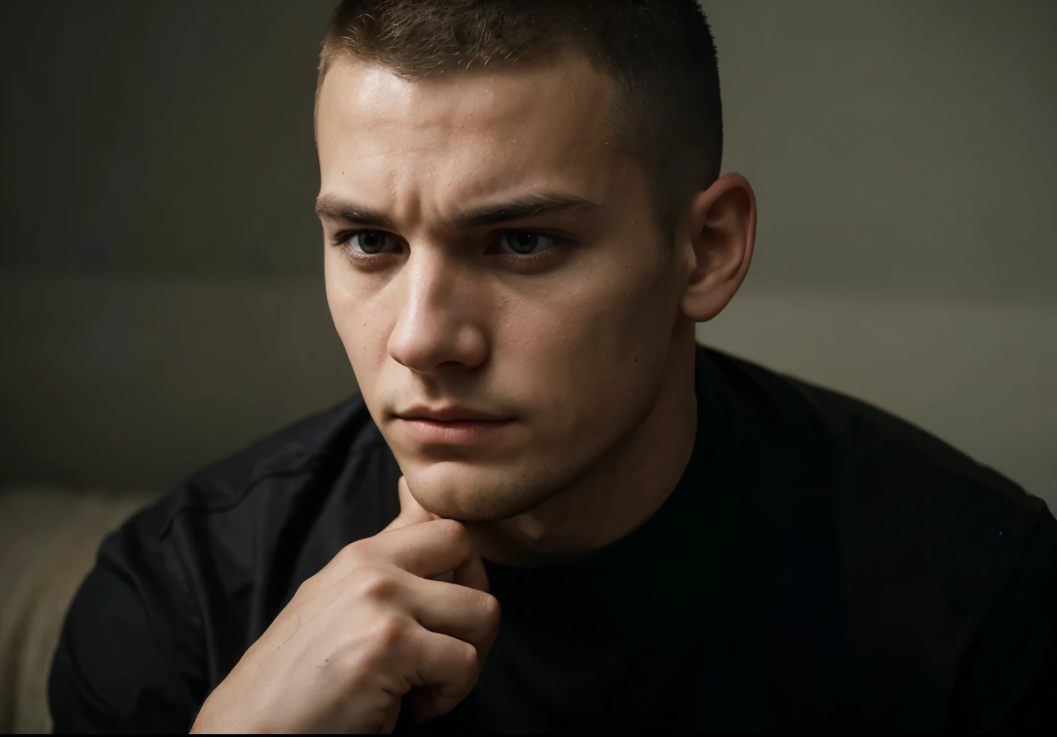 Generate an image of a 25-year-old man with a military-style buzz cut, gazing forward with a tired and weary expression. His eyes reflect the weight of exhaustion, conveying a sense of fatigue and weariness from life's burdens. Despite his youth, lines of tiredness etch his face, hinting at the challenges he has faced. His posture may be slouched, and his shoulders drooped, further emphasizing his exhaustion. This composition captures the poignant portrayal of a young man grappling with the strains of life, his tired gaze reflecting the trials he has endured.