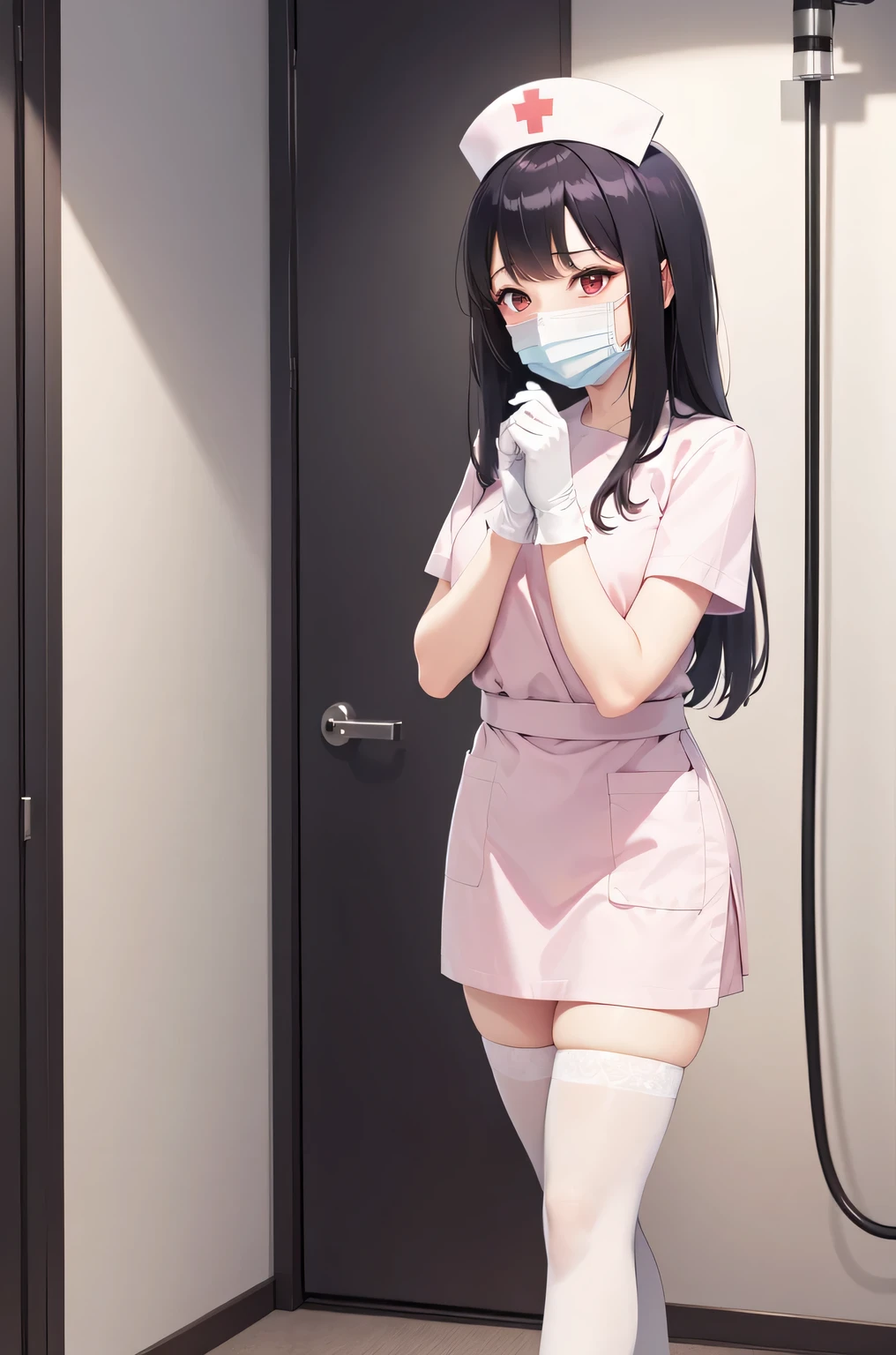 1woman, solo, nurse, white nurse cap, white nurse uniform, ((white legwear, zettai ryouiki)), white gloves, long hair, purple hair, red eyes, ((white surgical mask, covered nose)), standing, ((hospital room)), sharp outline, short sleeves, mature female, 35 years old, best quality, masterpiece