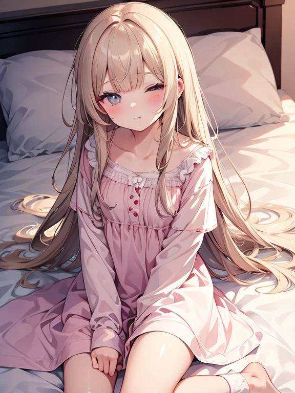 masterpiece, best quality, ultra-detailed, illustration, cute, Girl, Solo, from above, beige hair, long hair, wavy hair, blunt bangs, blouse, sleep, close eyes, wearing Pajamas, bed room, hag a stuffed teddy bear, lie down on the bed