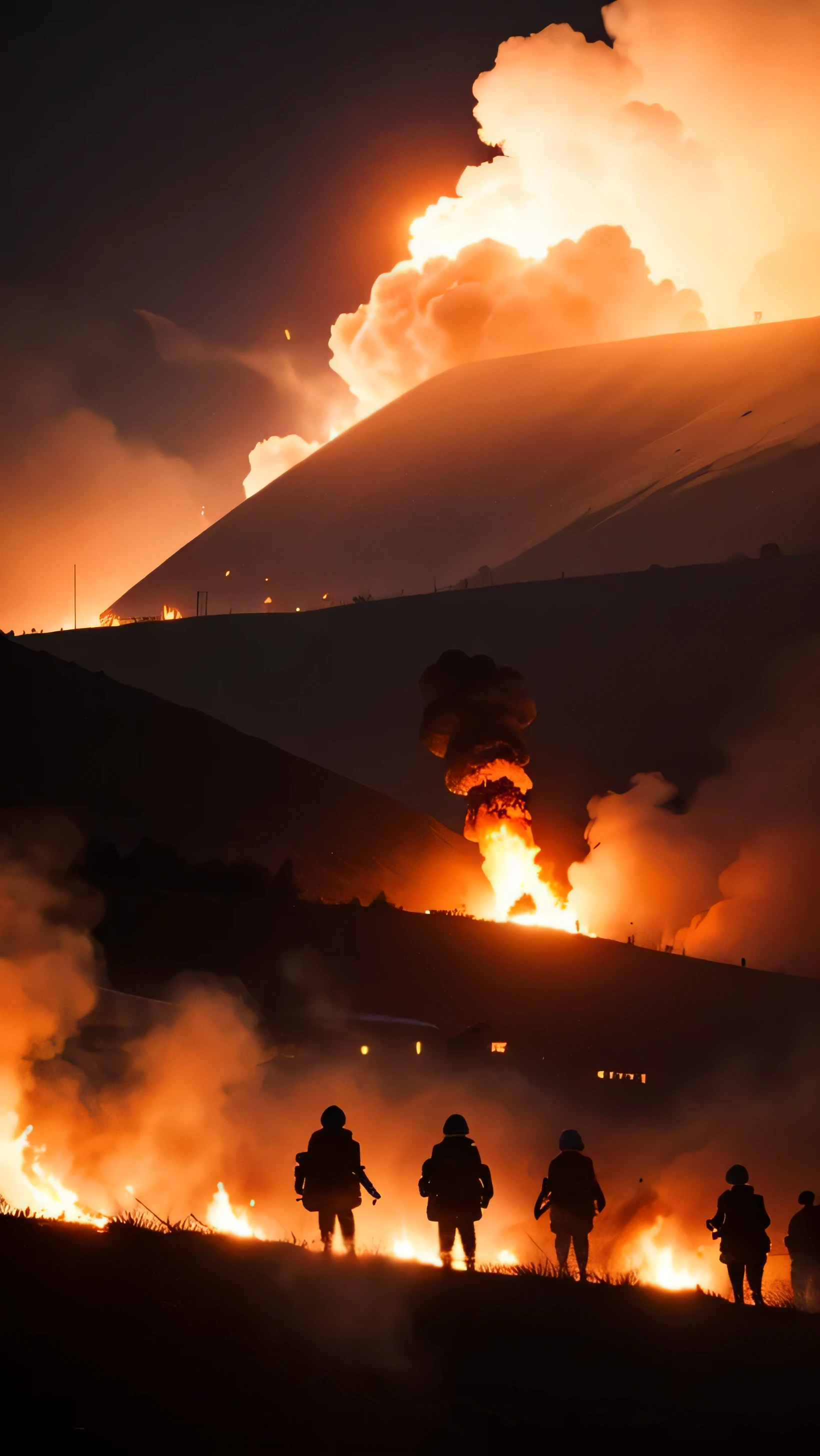 Bosnia war 1992, explosion, fire, village destroyer, night, people siluet, 8k