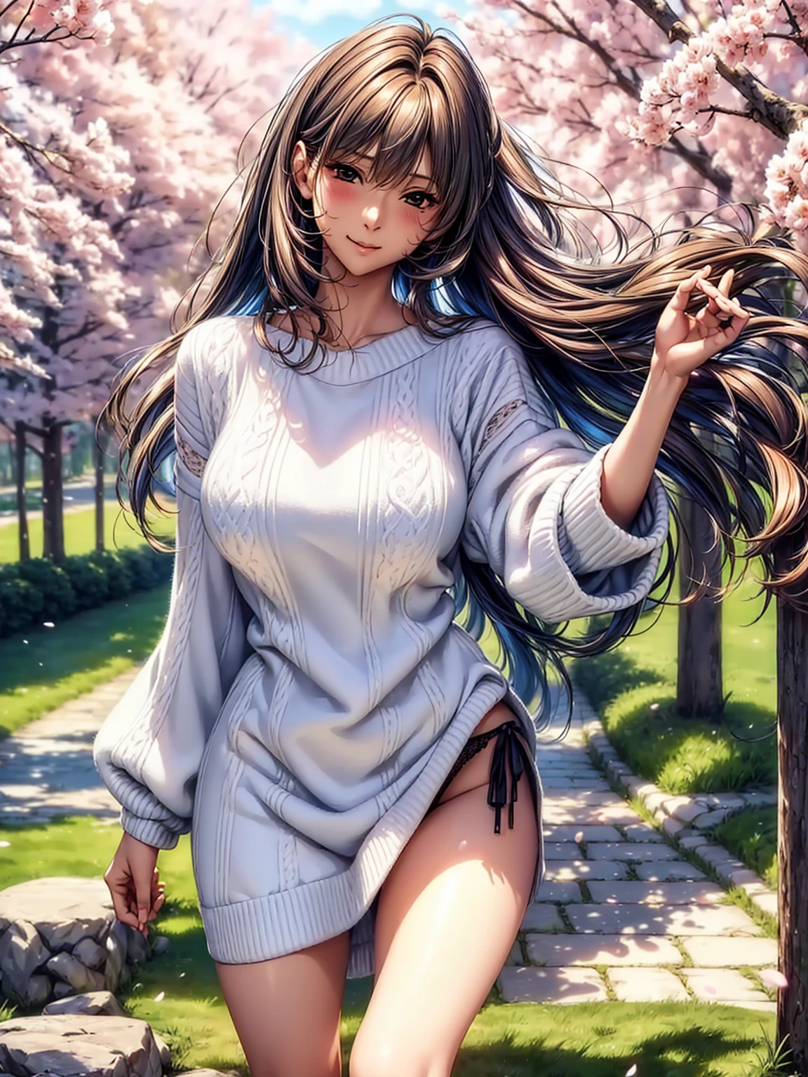 (((highest quality、masterpiece、very high resolution、High-definition images)))、Beauty Painting、realistic portrait、One strong-willed beautiful girl:18-year-old、beautiful body:Slender, beautiful breasts and beautiful legs、beautiful face:smile、eyes with strong will,beautiful hair:various hairstyles 、(best skin and hair texture,realistic skin texture,realistic hair texture)、((Large Sweater:I can see your chest、lace panties))、beautiful park、beautiful cherry blossoms、stone steps、beautiful sky、Natural light、beautiful scenery、model pose、beautiful pose、model shoot、fashion shoot、(((The wind is blowing))),stone stepsを登り下から見上げるアングル,accurate image:1.5、accurate anatomy:1.5、Image without defects、perfect image、Overall image、(best shot、Raw photo: 1.2)