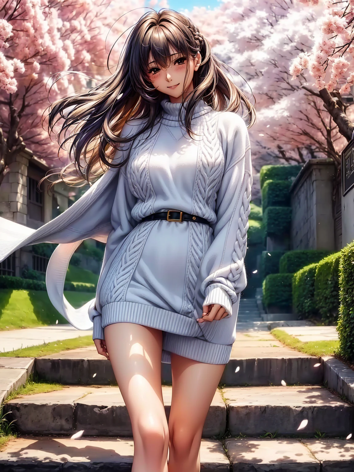(((highest quality、masterpiece、very high resolution、High-definition images)))、Beauty Painting、realistic portrait、One strong-willed beautiful girl:18-year-old、beautiful body:Slender, beautiful breasts and beautiful legs、beautiful face:smile、eyes with strong will,beautiful hair:various hairstyles 、(best skin and hair texture,realistic skin texture,realistic hair texture)、((Large Sweater:I can see your chest、lace panties))、beautiful park、beautiful cherry blossoms、stone steps、beautiful sky、Natural light、beautiful scenery、model pose、beautiful pose、model shoot、fashion shoot、(((The wind is blowing))),stone stepsを登り下から見上げるアングル,accurate image:1.5、accurate anatomy:1.5、Image without defects、perfect image、Overall image、(best shot、Raw photo: 1.2)