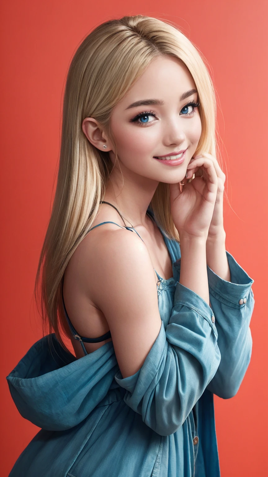 blonde hair, gradient hair, hair over shoulder, hair behind ear, longeyelashes, light smile, Surrealism, depth of field, atmospheric perspective, foreshortening, UHD, anatomically correct, highres, 16k、A 22-year-old extremely beautiful white woman、Her hair color is platinum blonde、blue eyeedium hair、straight hair、The hair is shiny、The skin is lustrous、smile、Slender but well-proportioned muscular body、Athlete-like body type、I don't want my head to disappear from the screen.、Wearing accessories on your wrist、Wearing red nail polish、I have a peticure、Gradient color hairstyle ((gradient hair))
、long hair ((long hair))、Wear an off-the-shoulder bodycon outfit、wear stiletto heels、pastel orange background、smile((smile))
