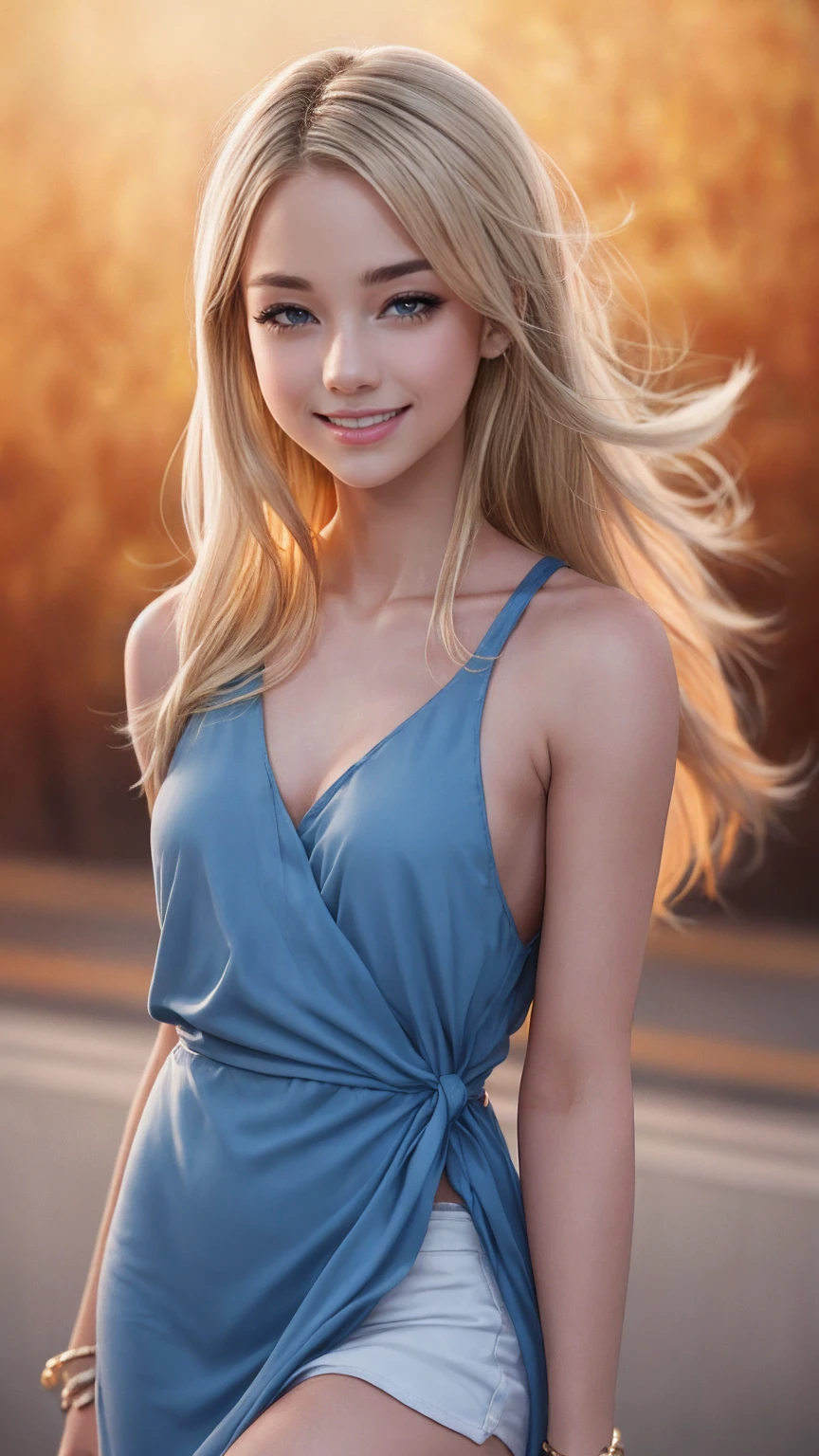 blonde hair, gradient hair, hair over shoulder, hair behind ear, longeyelashes, light smile, Surrealism, depth of field, atmospheric perspective, foreshortening, UHD, anatomically correct, highres, 16k、A 22-year-old extremely beautiful white woman、Her hair color is platinum blonde、blue eyeedium hair、straight hair、The hair is shiny、The skin is lustrous、smile、Slender but well-proportioned muscular body、Athlete-like body type、I don&#39;t want my head to disappear from the screen.、Wearing accessories on your wrist、Wearing red nail polish、I have a peticure、Gradient color hairstyle ((gradient hair))
、long hair ((long hair))、Wear an off-the-shoulder bodycon outfit、wear stiletto heels、pastel orange background、smile((smile))