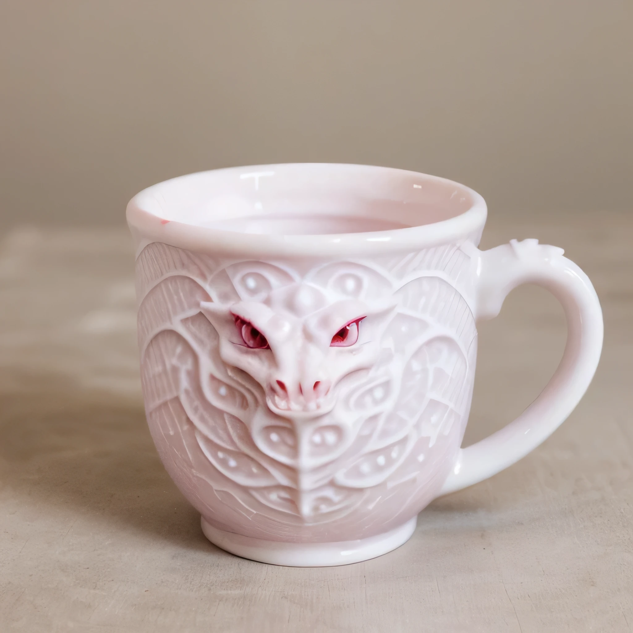 pink cup, white dragon pattern around the cup, dragon's head in the middle