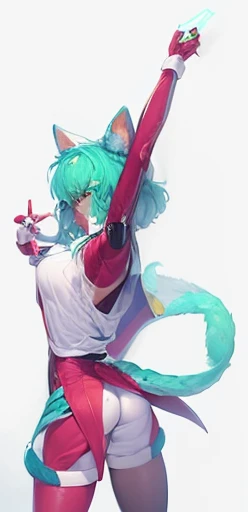 Super high resolution, nffsw, better aesthetics, Melhor qualidade, olhos azuis, mesa,Cor do cabelo de Jade、Fundo branco liso, anime peludo,Foxbusi com microfone, holo is a wolf girl, garota raposa,