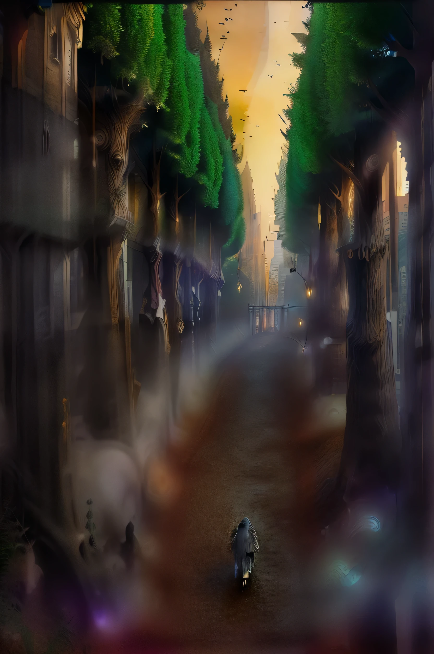 ((ciudad de duendes: 1.5)), (obra maestra), (Mejor calidad: 1.0), (ultra high resolution: 1.0), detailed illustration, paisaje detallado, vibrante colors, 8K, noche, nubes lunares, ((magical, Hermoso , trees: 1.4 )), ((Mejor calidad, vibrante, 32k de luz y sombras bien definidas)).