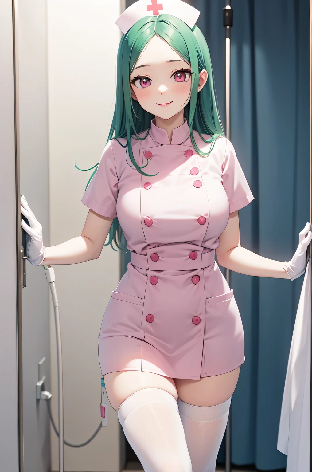 1woman, solo, nurse, white nurse cap, white nurse uniform, ((white legwear, zettai ryouiki)), white gloves, forehead, long hair, green hair, pink eyes, pink lips, smile, standing, ((hospital room)), sharp outline, short sleeves, mature female, 35 years old, best quality, masterpiece