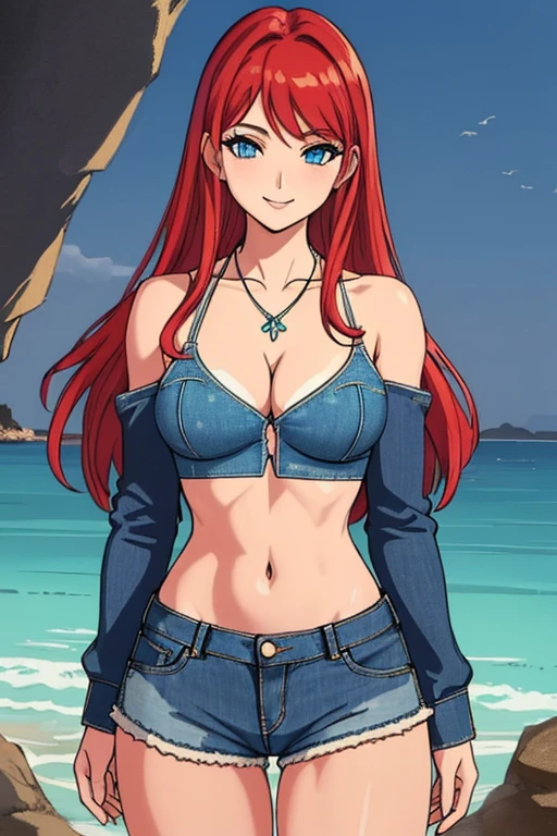 masterpiece,,((ultra detailed background, delicate pattern, intricate detail)), (highly detailed, fine details, rich colors), best quality, beautiful lighting, 1girl, young woman at 22, red hair, solo, long hair, blue eyes, smile,((medium breasts, perfect model physique)), ((V-neck crop top ,denim shorts, necklace)), (Deep Cleavage), (complex detailed background, barren land, rocks, ocean, outside, nature environment), (cowboy shot),
