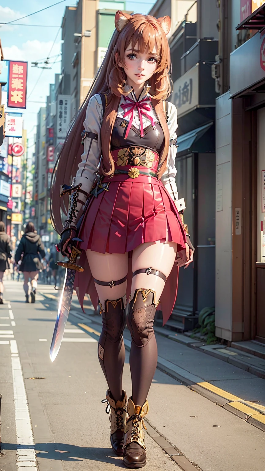 Brahmaestra, Raphtalia, brown hair, animal ears, red eyes,(Smiled face 1.8)(Smiling Face Eyes 1.8)happy face、fun face、Pose with movement、wear boots(Look at this:1.5)(full body shot:1.2)(Harajuku Takeshita Street:1.5), full body photo, convenience store,自転car、car、Super Cub、Passer-by、(Distant view of modern Japanese cities:1.5)、(raise one&#39;long sword:1.8),(Assault rifle,hold horizontally:1.8)