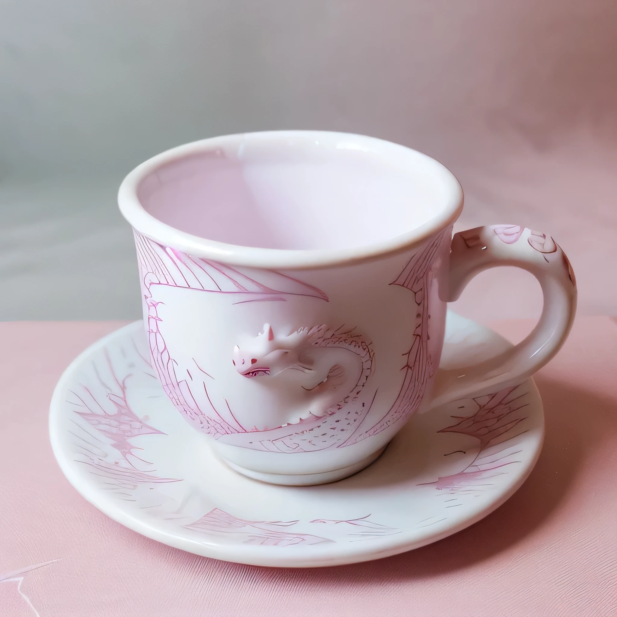 pink cup, white dragon pattern around the cup, dragon's head in the middle