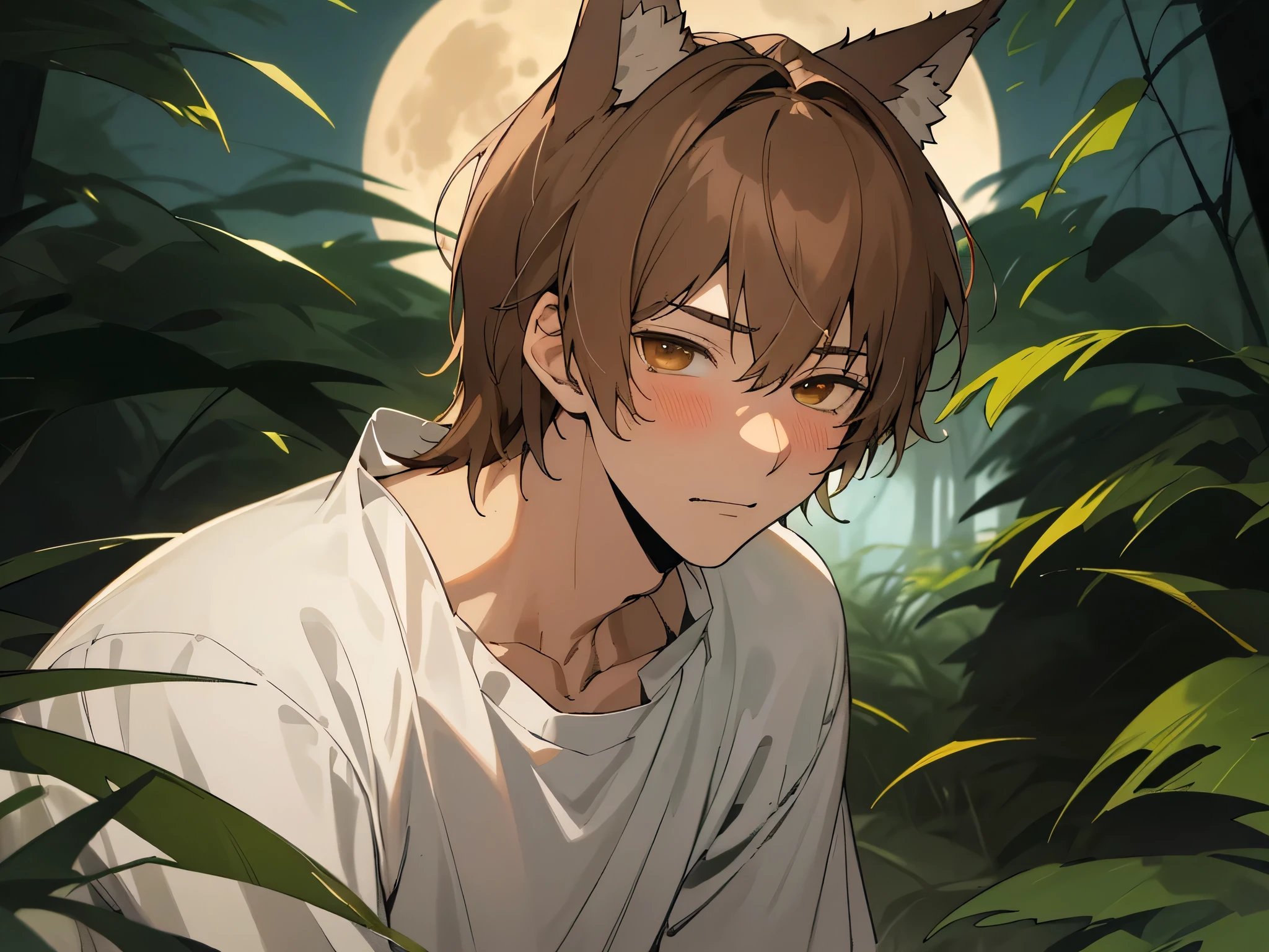 master piece, highest quality, facial details,Dynamic Single,(((alone)))),25 year old male, Large size,macho, wolf ears,warm skin, , sharp eyes,dead eyes, looking at the viewer, white shirt ,naked,brown hair, Short Hair,face focus,a,Background night forest,full moon