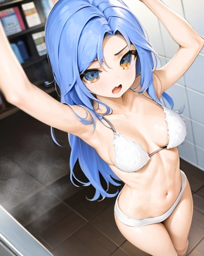 Chaesu-minah, blue hair, solo, in bathroom, nude, ahegao