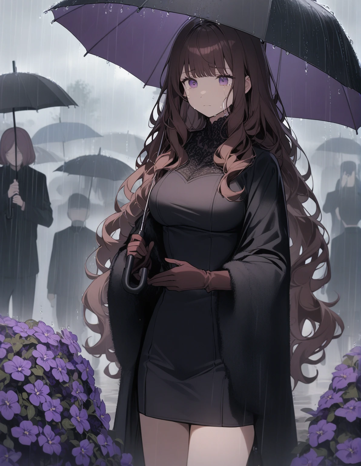 1 girl, maroon-brown hair, purple eyes, long wavy hair with bangs, dressed in a black short dress with a neckline, large breasts, black shawl with fur trim, umbrella in hand, very long gloves, holding purple flowers, crying, sad, funeral, outside, rain, cloudy, gentle tones