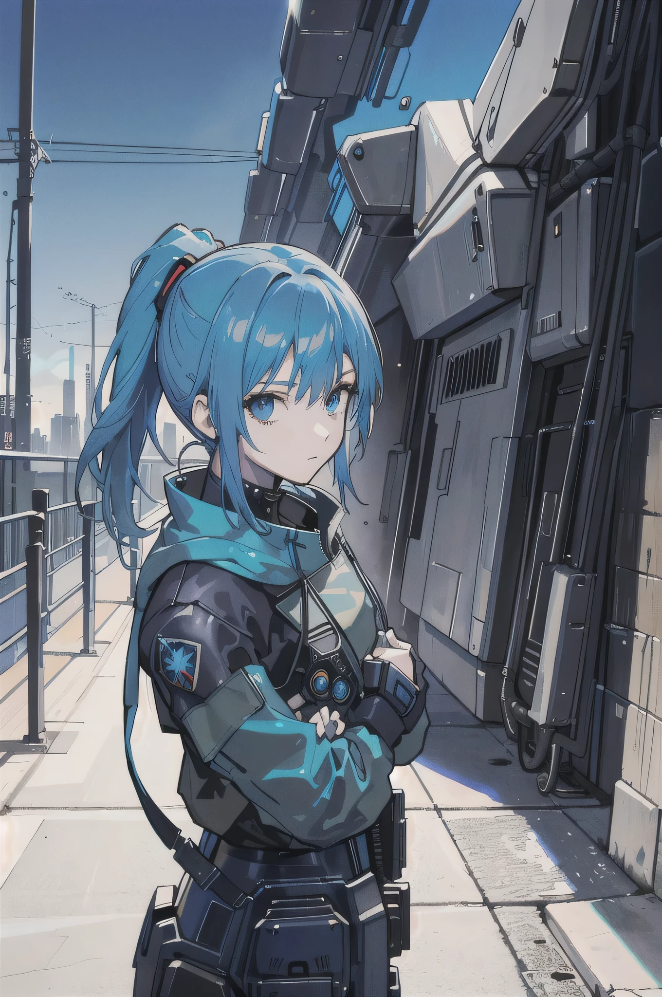 blue hair, masterpiece, highest quality, 1 girl, middle, (((album cover)), light shines on your face, Because I&#39;m slender, blue costume, exoskeleton, metal Gear, cyberpunk style, ponytail, gundam