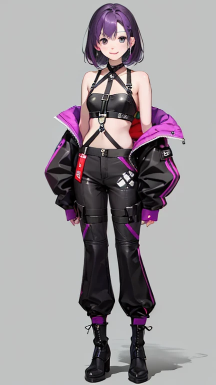 purple hair girl,medium hair,Harness,pants,simple background,smile,whole body,full body,full body,Standing picture,vtuber,upright,Photographed from the front,sight(line of sight)in front of,